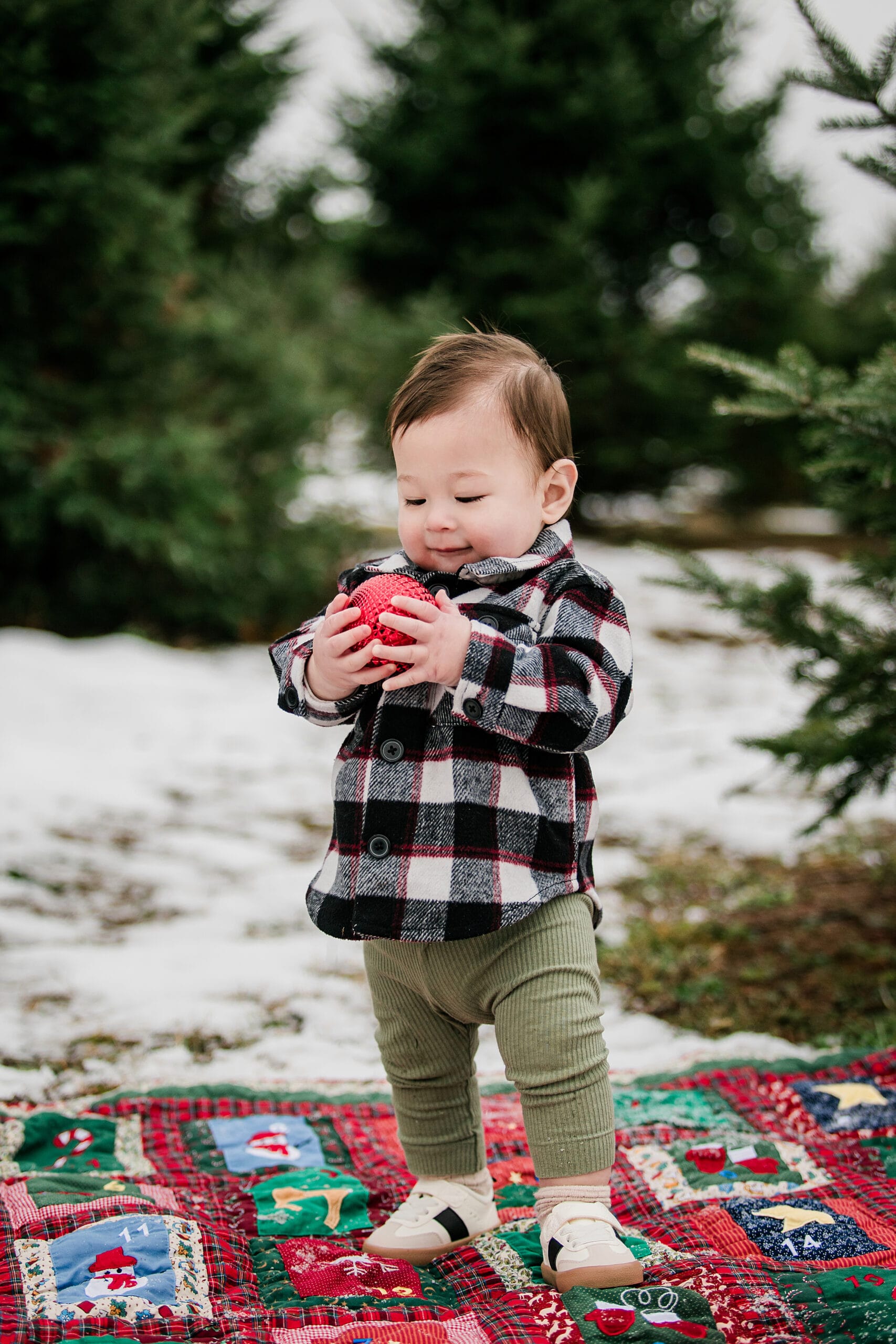 Outdoor winter family photoshoot featuring a baby playing among evergreen trees